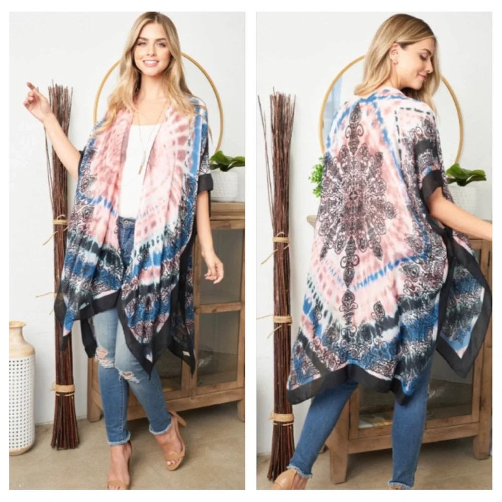 Boho Beauty Swim Coverup Kimono Wrap Robe Cardigan Sleeves OSFM S-3XL - Picture 2 of 7